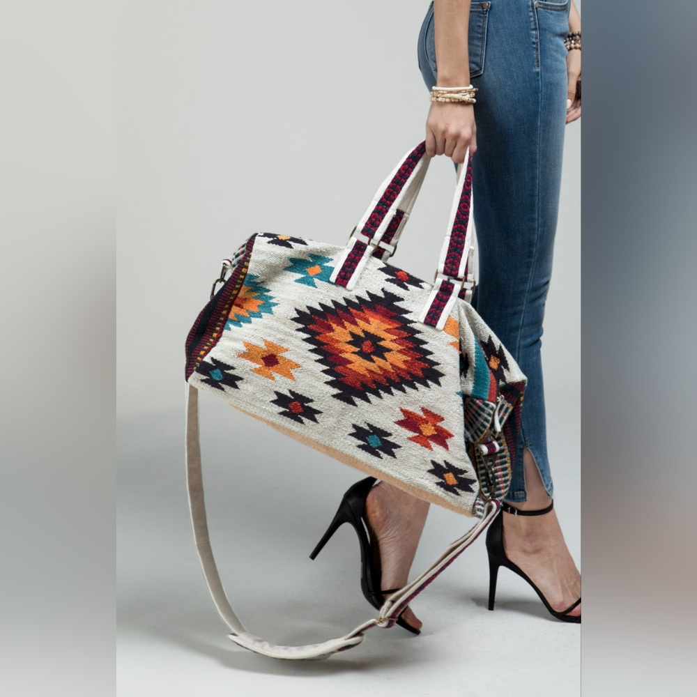 Ivory Boho Chic Travel Bag - Navajo Inspired Design - Handmade Fully Fine Cotton - Picture 7 of 13